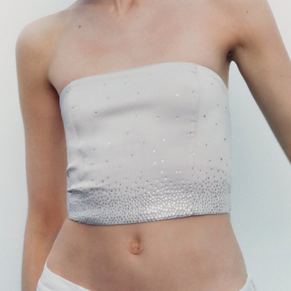 ZARA RHINESTONE SATIN STRAPLESS TOP